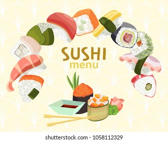 Vector sushi menu for a restaurant or bar on a background of Japanese orament