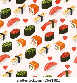 Vector sushi menu template with Philadelphia roll, California roll, Sake nigiri, Tamago nigiri isolated. Japanese food. Menu design. Seamless pattern with sushi