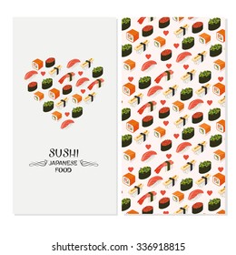 Vector sushi menu template with Philadelphia roll, California roll, Sake nigiri, Tamago nigiri isolated. Japanese food. Menu design. Seamless pattern with sushi