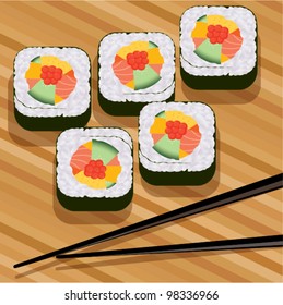 vector sushi on bamboo mat and chopsticks