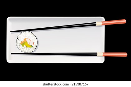 Vector of Sushi on white plate with chopsticks on black background