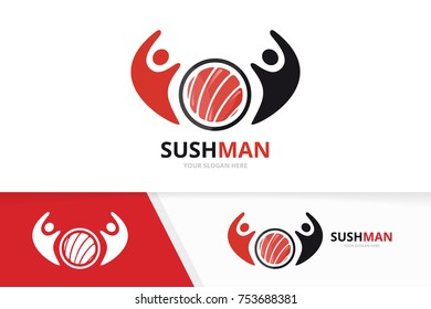 Vector sushi and people logo combination. Japanese food and family symbol or icon. Unique seafood and union, help, connect, team logotype design template.