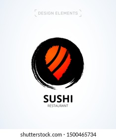 Vector sushi pointer logo. Hand drawn, brush salmon restaurant logotype.