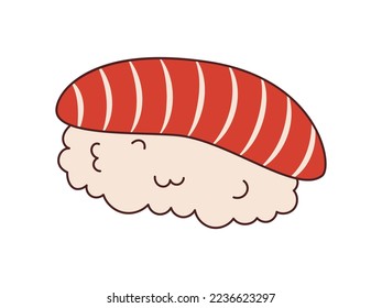 Vector sushi with red fish in retro style. Groovy nigiri sushi 70s.
