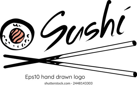 Vector sushi restaurante dibujado a mano logotipo con maki rollo y palillos aislados sobre fondo blanco