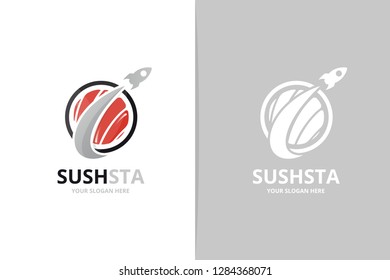 Vector sushi and rocket logo combination. Japanese food and airplane symbol or icon. Unique seafood and flight logotype design template.