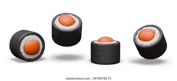Vektorgrafik Sushi Rollen in verschiedenen Positionen. Traditionelles japanisches Gericht mit Reis und rotem Fisch