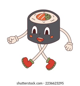 Vector sushi roll in retro style. Walking groovy maki sushi mascot. Hippie character sushi 70s.