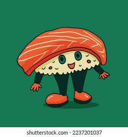 Vector sushi roll with salmon in retro style. Groovy retro character