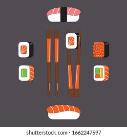 Vector sushi roll set of different types with chopsticks. Isolated vector illustration. Asian food. 