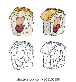 Vector sushi roll sketch. Colored, black and white set from different sides isolated on white background. Japanese cuisine, traditional food icon. Hand drawn illustration.
