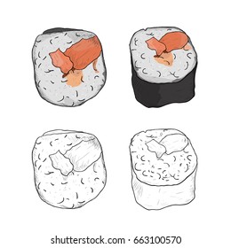 Vector sushi roll sketch. Colored, black and white set from different sides isolated on white background. Japanese cuisine, traditional food icon. Hand drawn illustration.