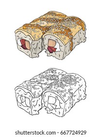 Vector sushi roll sketch. Colored, black and white set from different sides isolated on white background. Japanese cuisine, traditional food icon. Hand drawn illustration.
