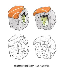 Vector sushi roll sketch. Colored, black and white set from different sides isolated on white background. Japanese cuisine, traditional food icon. Hand drawn illustration.