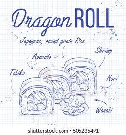 Vector sushi roll sketch, Dragon Roll recipe on a notebook page