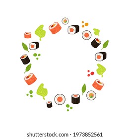 Vector Sushi Rolls circle frame isolated on white background, cartoon doodle style, fast food illustration.