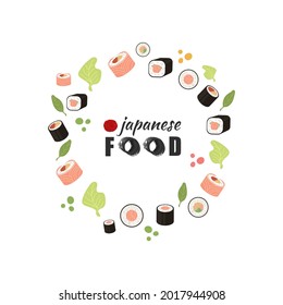 Vector Sushi Rolls Circle Frame Template, Japanese Food, Different Rolls, Colorful Illustration.