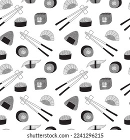 Vector sushi and rolls with fish seamless pattern. Hand drawn sushi and sashimi print on white background