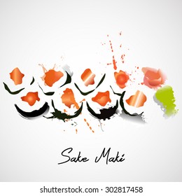 Vector sushi with salmon are drawn on the black and red watercolor splash background.