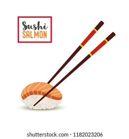 Vector sushi with salmon fillet with rice. Traditional Japanese meal with chopsticks, orange fish. Asian cuisine.