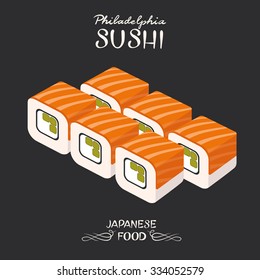 Vector sushi with salmon. Philadelphia roll isolated. Japanese food. Menu design.