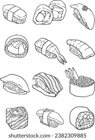 vector of sushi set. black line vector set