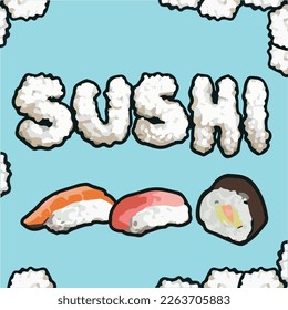 Juego de sushi vectorial. Ilustración de doodle perfecta para el restaurante de sushi. Un conjunto de colores y colores que consiste en letras y 3 tipos de sushi. 