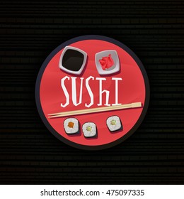 Vector sushi  set  on the japanese background.Seafood vector icons, sushi meal menu.