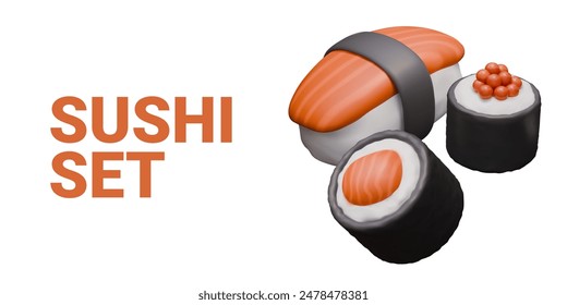 Vector sushi ambientado en estilo realista. Rollo redondo con caviar rojo, pescado, nigiri