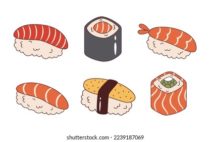 Vector sushi set in retro style. Sushi roll collection 70s. Groovy asian food.