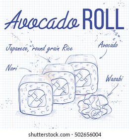 Vector sushi sketch, Avocado roll