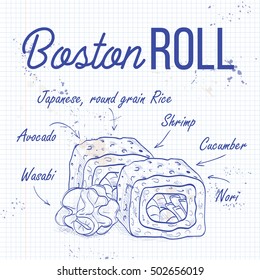 Vector sushi sketch, Boston roll