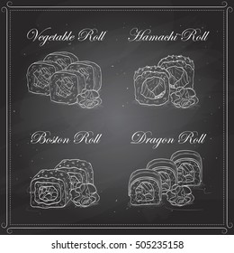 Vector Sushi sketch, set of four types of sushi on a blackboard