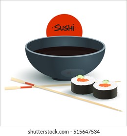 Vector Sushi with Soy Sauce Illustration. Japan Food Menu Restaurant Background