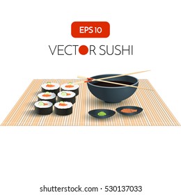 Vector Sushi with Soy Sauce  Illustration. Japan Food Menu Restaurant Background