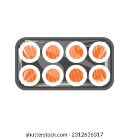 Sushi vectorial. Caja de plástico con comida japonesa con cubierta de celofán. Vista superior.