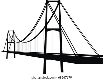 Vector suspension cable bridge - isolated illustration on white background, black silhouette.