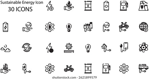 Vector Sustainable Energy Icons Set. 30 Minimalist Eco-Friendly Symbols for Green Designs.