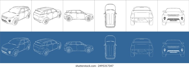 Vector SUV arte de la línea del coche dibuja el modelo de alambre del plano de toda la vista