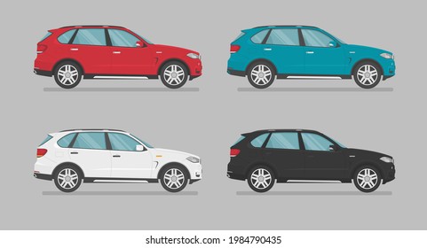 Vector suv cars. Cars of different colors. Side view. Cartoon cars in flat style.