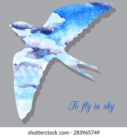 vector swallow silhouette drawing by watercolor,sky with clouds, carved in the shape of swift, isolated hand drawn background