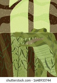 vector swamp with crocodile, trees and seaweed illustration 