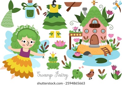 Vector swamp fairy clipart set. Cute icons of girl with wings. Woodland princess collection. Fantasy, fairytale forest illustrations. Magic creature pack with marsh, mermaid, frog, house, reeds, water