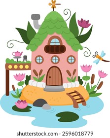 Vector swamp fairy house icon isolated on white background. Woodland princess home clipart. Fantasy forest cottage illustration. Magic fairytale dwelling with reeds, water lily, dragonfly
