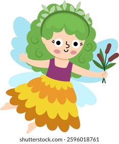 Vector swamp fairy icon isolated on white background. Cute little girl with wings, reeds. Woodland princess clipart. Fantasy forest fay illustration. Magic fairytale creature in fish scale dress
