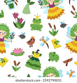 Vector swamp fairy seamless pattern. Cute repeat background with little girl. Woodland princess digital paper. Fantasy forest, magic garden texture with fairytale creature, frog, reeds, water lily
