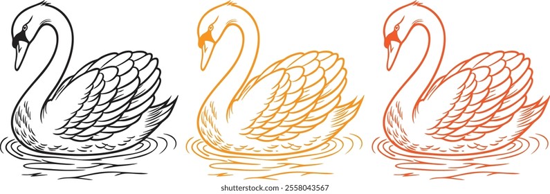 A vector of a swan with an elegant, curved neck, detailed feathers, and subtle ripples in the water beneath it. Black line art with negative space details.