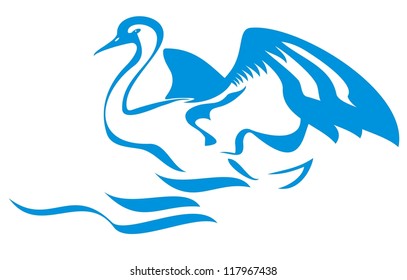 Vector swan with open wings jumps out of water