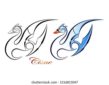 Vector of a swan with uneven lines, in black and swan with light colors with a reflection in the wing