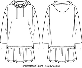 Vector sweat dress fashion CAD, woman long sleeved dress with flared skirt technical drawing, hooded sweat dress template, sketch, flat